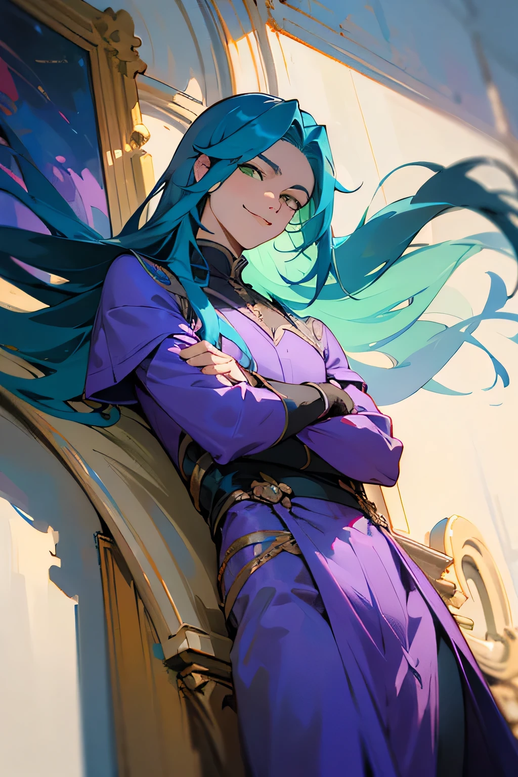 ((best qualityer)), ((work of art)), (detailded), male, green eyes, long hair, bright blue hair, purple clothes, smirk