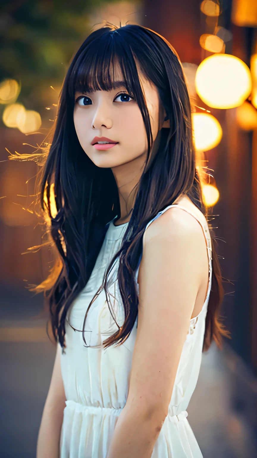 Highest quality,4K,8k,High resolution,masterpiece:1.2,Very detailed,Realistic:1.37,Portraiture,Soft colors,Gentle light,A girl exuding fatigue,Long flowing hair,Delicate features,Deeply contemplative eyes,White skin,Happy expression,Soft pastel colors,Great atmosphere,Sleeveless dress,Subtle brushwork,Dreamlike composition,Gazing into the distance,,Romantic atmosphere、Roppongi nightlife、,Calm colors,Soft Shadows、