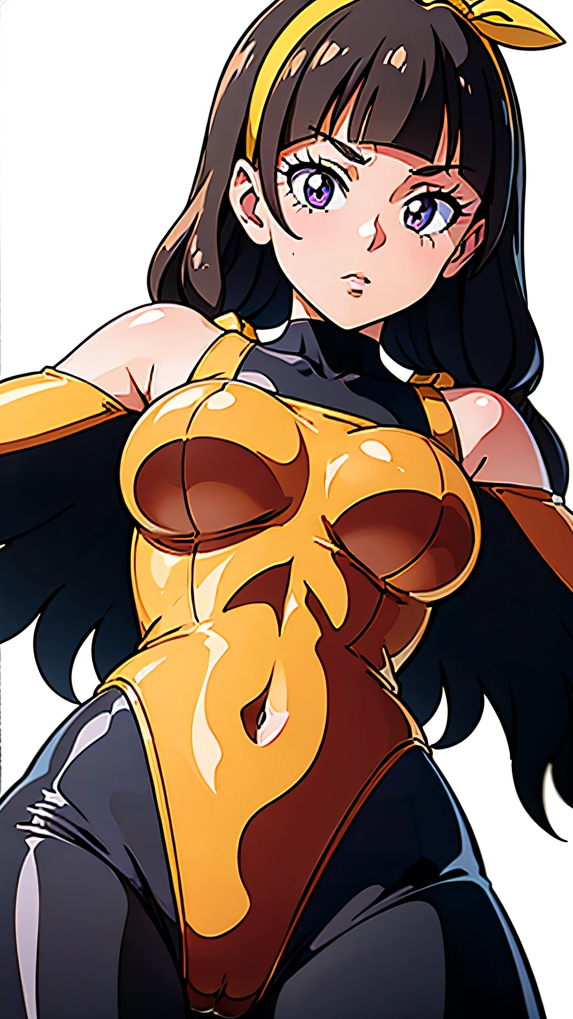 1 girl, (solo), ((amanogawaki)), best quality, highres, high quality, 8k, HD, super detail, anatomically correct, UHD, accurate, (masterpiece:1.0), (high quality:1.0), (ultra detailed), (no Background), (White Background), ((Adult)), (sp3ndex), sp3ndexgloves, Black Spandex, Black sp3ndex, Black Spandex Gloves, Yellow Headband, (upper body:0.9), (from below:1.3)