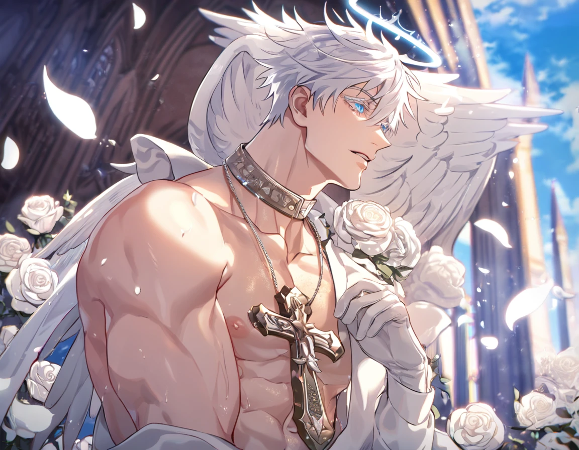 absurdres, highres, ultra detailed, HDR, master piece, best quality, Gojou Satoru, white hair, expressive blue eyes, white eyelashes, Jujutsu Kaisen, solo, sexy man, handsome, horny, lewd, Angel, halo, angel wings on his back, white fantasy clothes, accessories, showing the chest, cross necklace, white gloves, fantasy, magical, white roses, white petals, blue sky, church, Nu Carnival