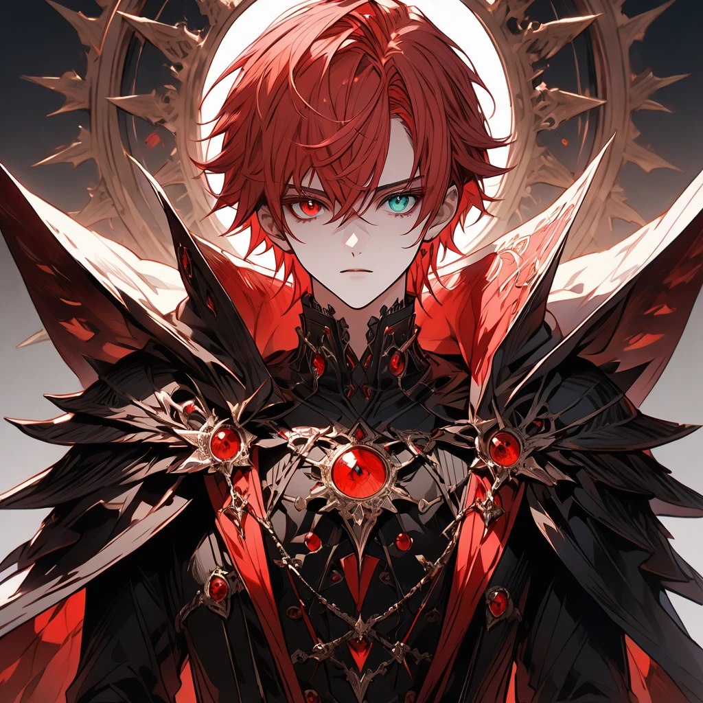 male face, red hair, heterochromia, green and red eyes, extremely detailed eyes, perfect eyes, extremely detailed face, black overcoat, cape, RPG style, broad shoulders, upright posture, facing the image, no light in the image, no shadows in the image, white character background, 8k, ultra-high quality, extremely detailed, perfectly detailed.