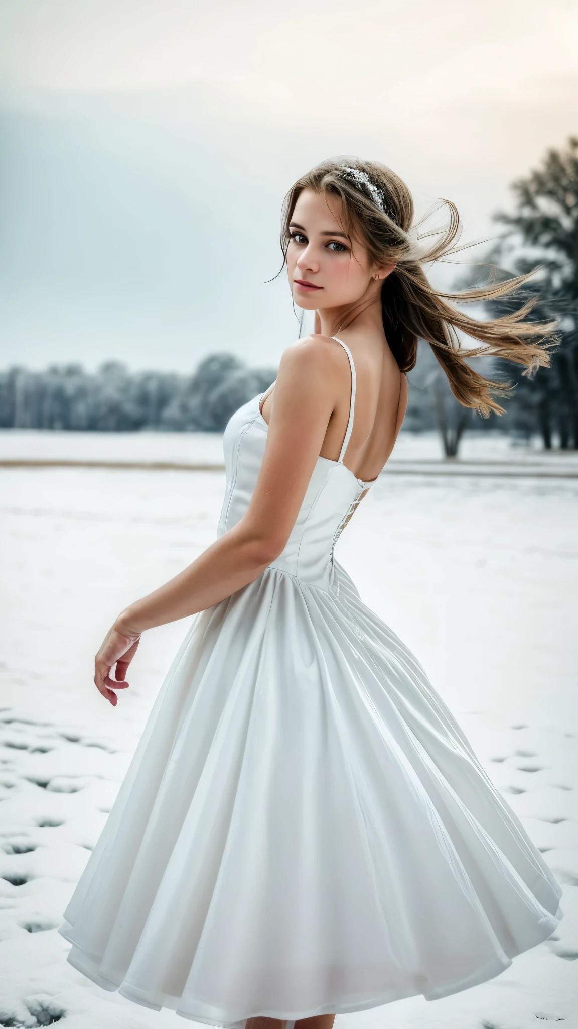 classy girl in a white dress dancing around, simple plain background, realistic style, attention to detail and sharp focus, colors are vivid and contrasted, a slight desaturation, a touch of photo-realistic elements, texture to the image, The final result is a masterpiece in ultra-high resolution,