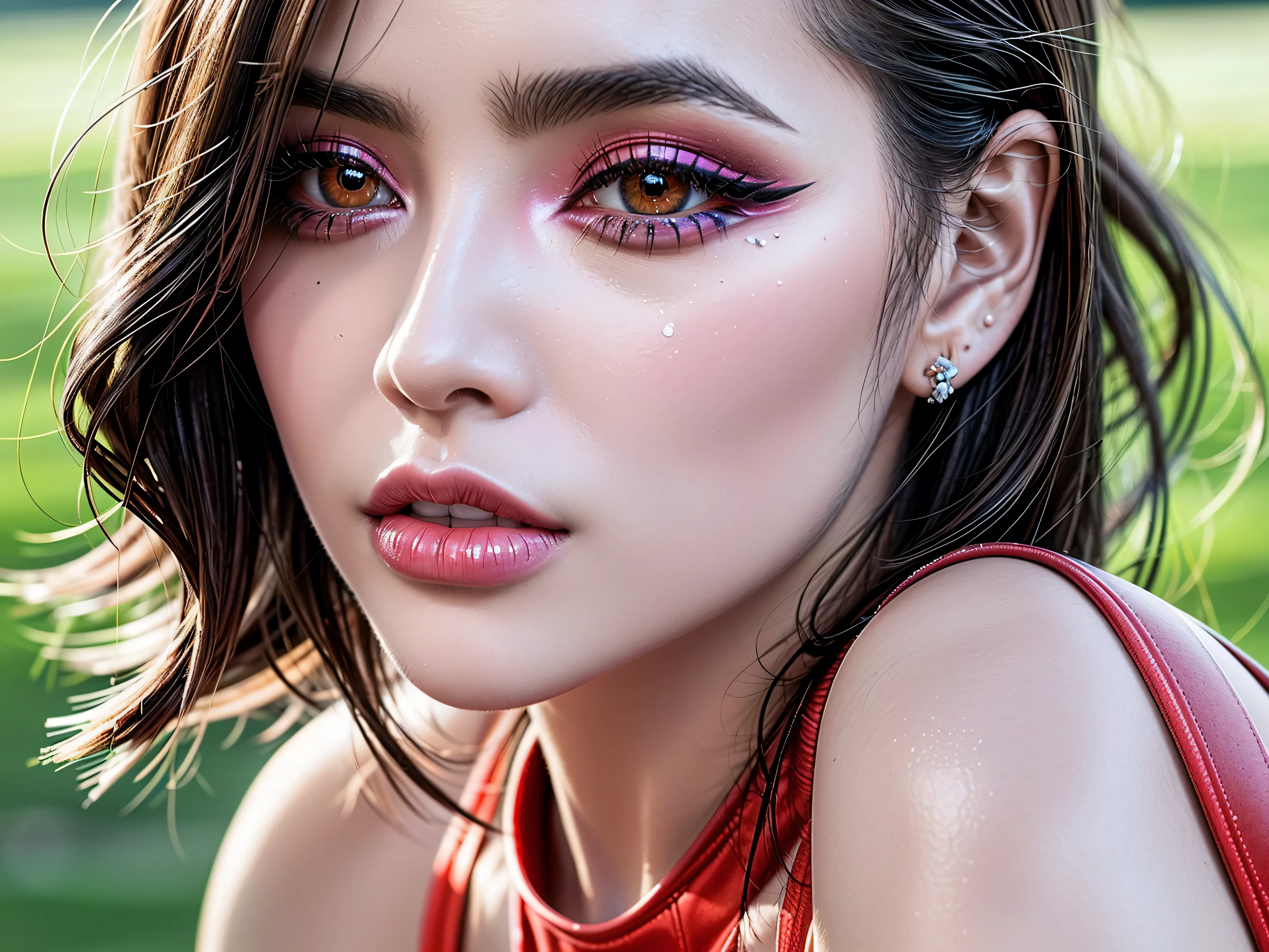 quality\(((ultra high resolution))), ((photorealistic Realism 16K Quality)), vivid colors, (vivid colors, multicolor ((white, orange, Red, black)) in her outfit:1.25), (ultra-fine digital art\), ((Ultra high-res Realistic eyes clear sharp absurd quality not blurry)), [(eyes:brown:1.3)][(long eyelashes:blue:1.2)][(perfect shadows for eyelids:pink:1.35)][(glossy lipstick:red:1.3)], (super detailed professional makeup on eyes:1.4), (droopy eyes:1.3), Dark Eyes, Thin eyebrows, Carefully draw eyelashes), Eyelash extensions, Gal Makeup, red teak, realistic dull skin noise, visible skin detail, perfect composition,(super Detailed, beautiful little nose:1.2), (perfect composition), Depth of field, cinematic light, Lens flare, (extremely beautiful face, beautiful lips , Beautiful eyes), Intricate detail face, (highest quality texture skin), (Highly quality texture hair), (curly hair ((slicked to the two side)) intricately details:1.3), (perfect proportions), (narrow waist), medium ass, beautiful cheekbones,slim belly:1.2, ((slim-muscled body:1.32)), ((firm and full breasts)), ((2 woman:1.4 20yo)), ((super beautiful face)), BREAK,\ in (sport style([red: running epic pants])extremely details:1.3), and[black: sports crop top], heart, [yellow: footwear(sneakers)], (Wearing BuFu4: [ultra smooth] tight fitting outfit:1.4), ((very dynamic photo [anatomically correct body, while running]:1.33)), official art, Professional, Ultra intricate detailed, 16k, (light pale complexion), ((photo from [head to knee]:1.3)), ((in the stadion Grass)), 