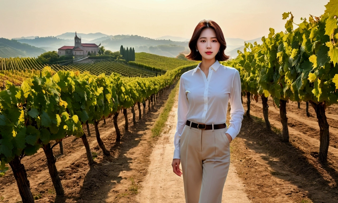 Korean woman with short medium hair wearing luxury brand white long sleeve shirt, short and petite, very beautiful.!, Get inspired by Son Ye-jin, 8K vertical rendering, photo realistic beautiful face, big eyes,double eyelid, black eye, Wear a dark round neck t-shirt. beige jean pants. Warm light in vineyards at dawn in rural Italy, The morning sun shines beautifully. Standing on a curved path. (digital painting, HDR, high contrast),, (best quality:1.4, 8k 3D, 45,000,000,000,pixel,),(masterpiece:1.3),(sharp focus:1.2),(Full body shot with Canon camera 16-35 wide angle lens, 포도 밭이 내려다 보이는 언덕 위 Standing on a curved path, 32 inches, A woman of  and short stature, A cathedral can be seen in the distance through thick fog., Vineyards with vivid image quality, three dimensional grape leaves,