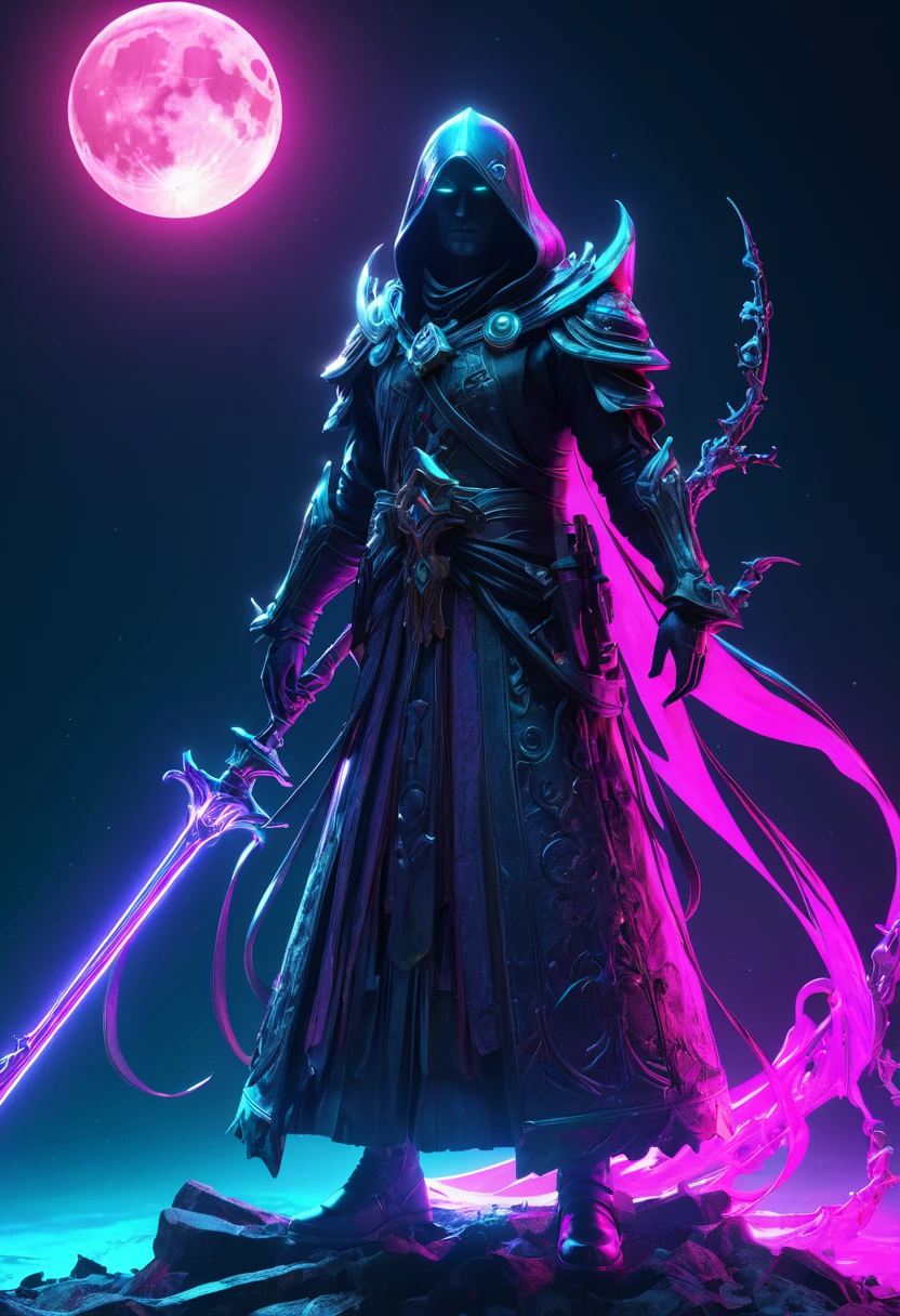 Necromancer, (alone), alone,Are standing_Split, Bright Full Moon, Ray Tracing, masterpiece, highest quality, super high quality, Absurd detailed, best Light, Best Shadow, sharp, sharp image, detailed, extremely detailed, Amazing resolution, 8k, 4K, Ultra-high resolution, Particle Effects, Beautiful Effects, Vibrant colors, neon Light, neon, Light,
