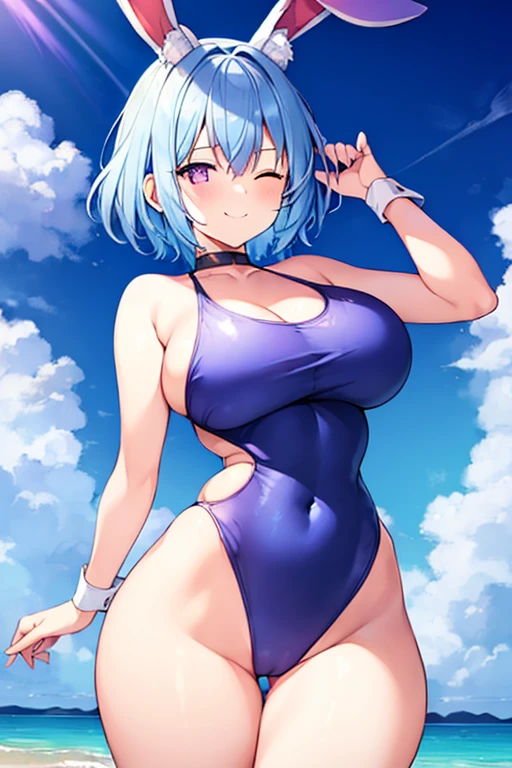 1girl, rabbit ears, light blue hair, very short hair, one eye closed, purple eyes, large , thick thighs, beach, blue hair, smile, animal ear fluff, (animal ear fluff), hourglass figure, bare legs, one-piece swimsuit, competition swimsuit, blue one-piece swimsuit, red trim,
