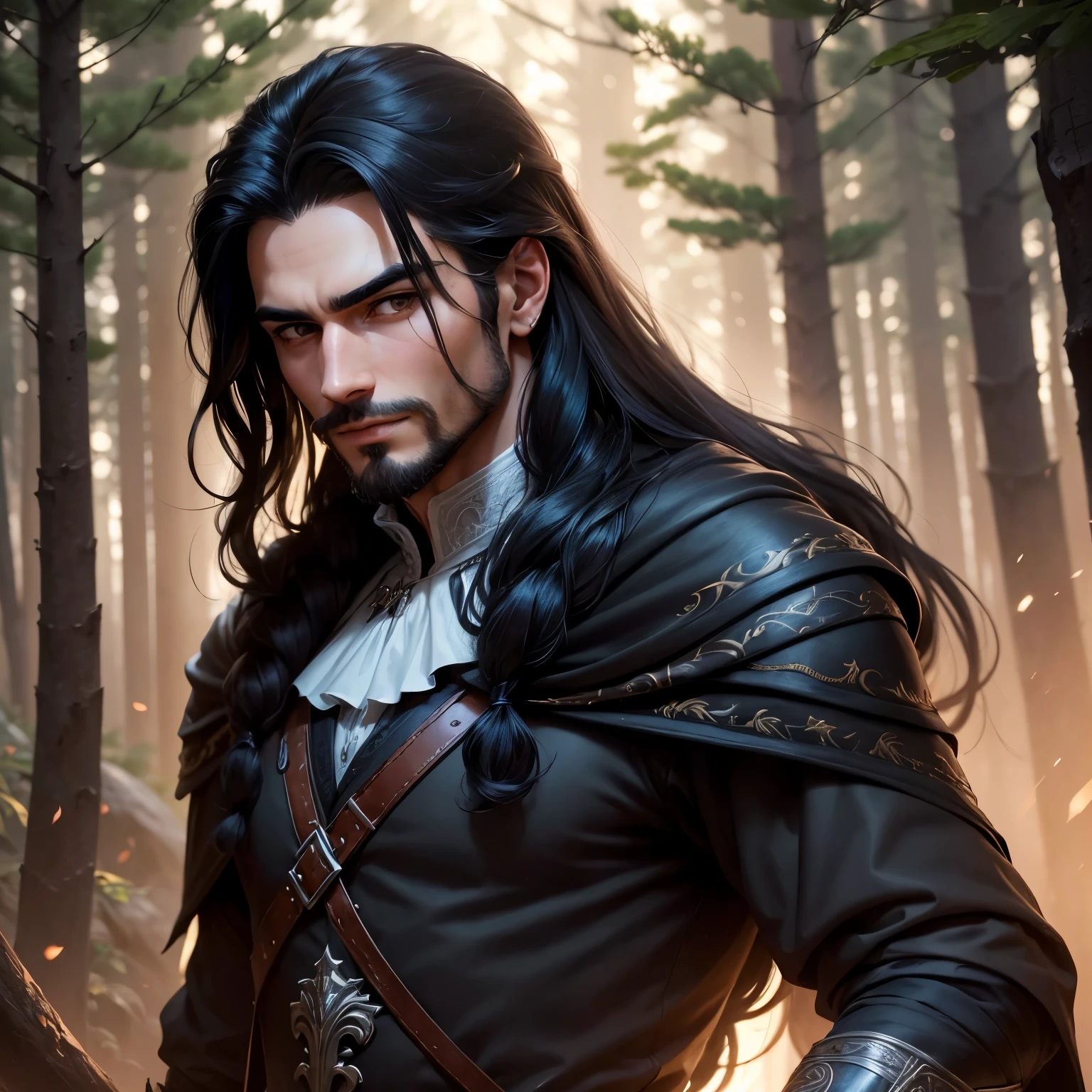 ((best qualityer)), ((work of art)), (detailded), 8k, 4K, hight contrast, work of art, Meticulous attention to facial features and hair strands , an adventurous man with long straight black hair,barba ,black mantle,layer , fully body ,Grinning,battle costume ,slightly-smile,in the background illuminated forest ,clear lighting, detailed shadows