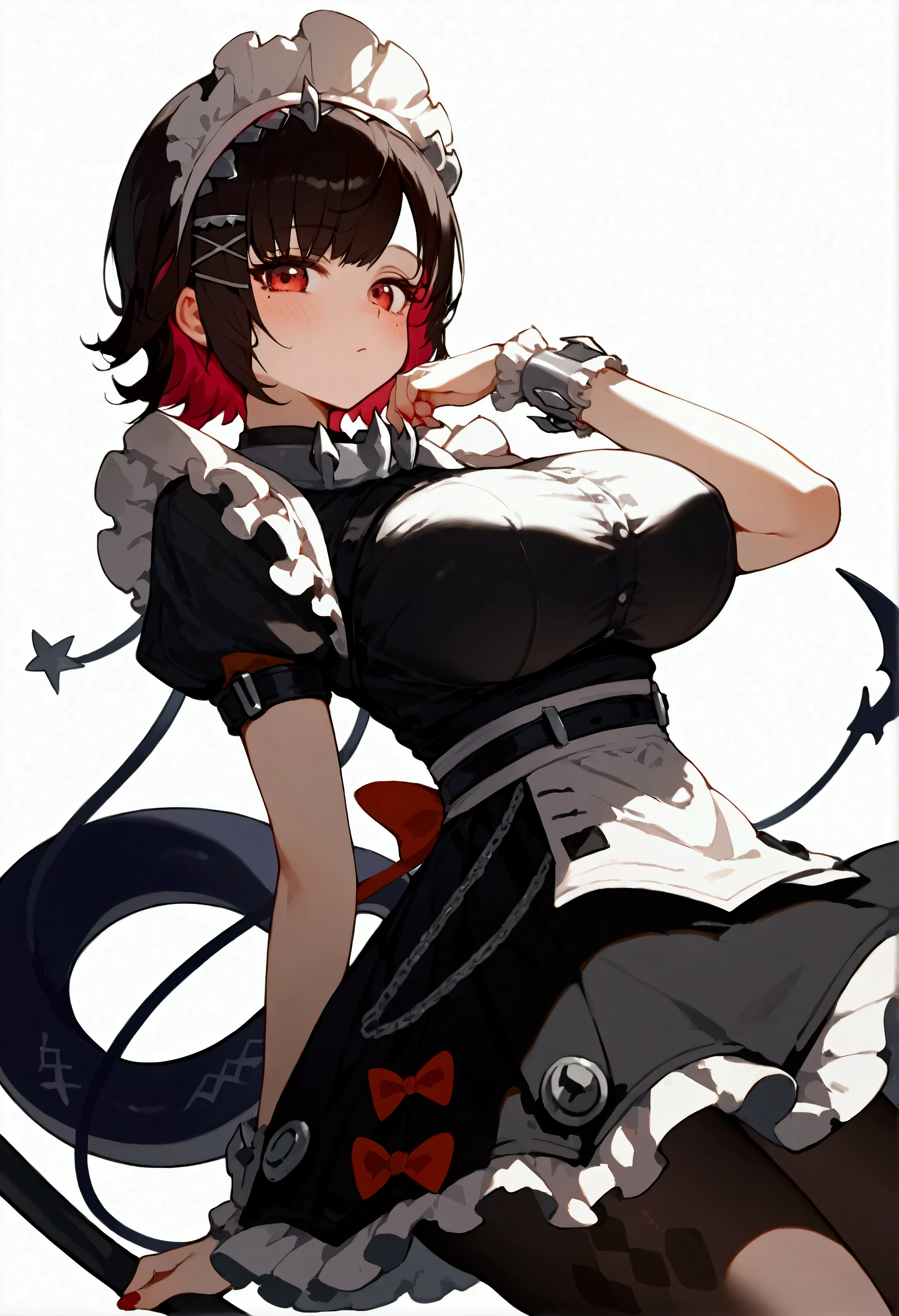 score_9, score_8_up, score_7_up, score_9, BREAK, GwenstacySDXL, 1girl,big breasts, solo, looking at viewer, blush, 1girl,ellen_joe,maid_headdress,black_dress,wrist_cuffs,puffy_short_sleeves,mole_under_eye,large_breasts,frilled_dress,black_pantyhose,medium_breasts