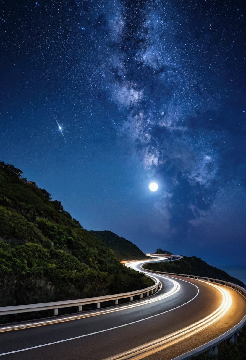 night、moon、Many Stars、Beautiful sky、Coastline roads、drive、