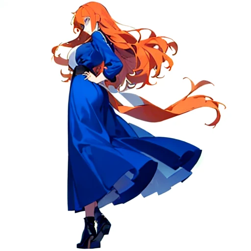 looking ahead, a girl with her long orange hair falling in soft waves to the middle of her back. Her delicate face has a straight nose and big blue eyes.. She wears a blue dress that highlights her slender figure., with a wide black belt that accentuates her waist. His posture is straight and serene, often with a hand on the hip. Her light skin and black boots complete her look., giving an elegant and mysterious impression.