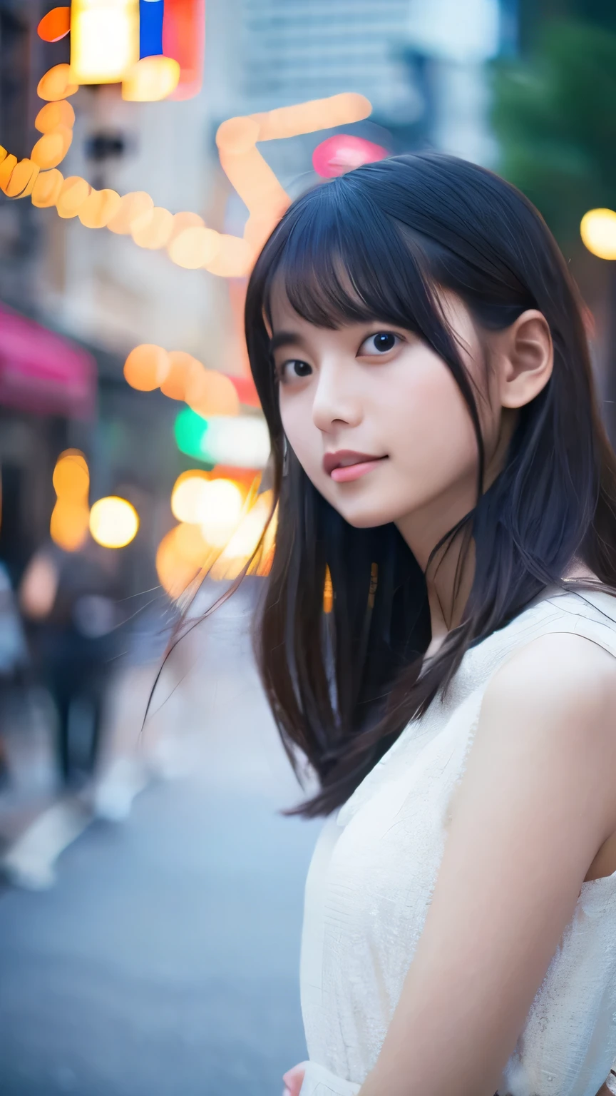 Highest quality,4K,8k,High resolution,masterpiece:1.2,Very detailed,Realistic:1.37,Portraiture,Soft colors,Gentle light,A girl exuding fatigue,Long flowing hair,Delicate features,Deeply contemplative eyes,White skin,Happy expression,Soft pastel colors,Great atmosphere,Sleeveless dress,Subtle brushwork,Dreamlike composition,Gazing into the distance,,Romantic atmosphere、Roppongi nightlife、,Calm colors,Soft Shadows、