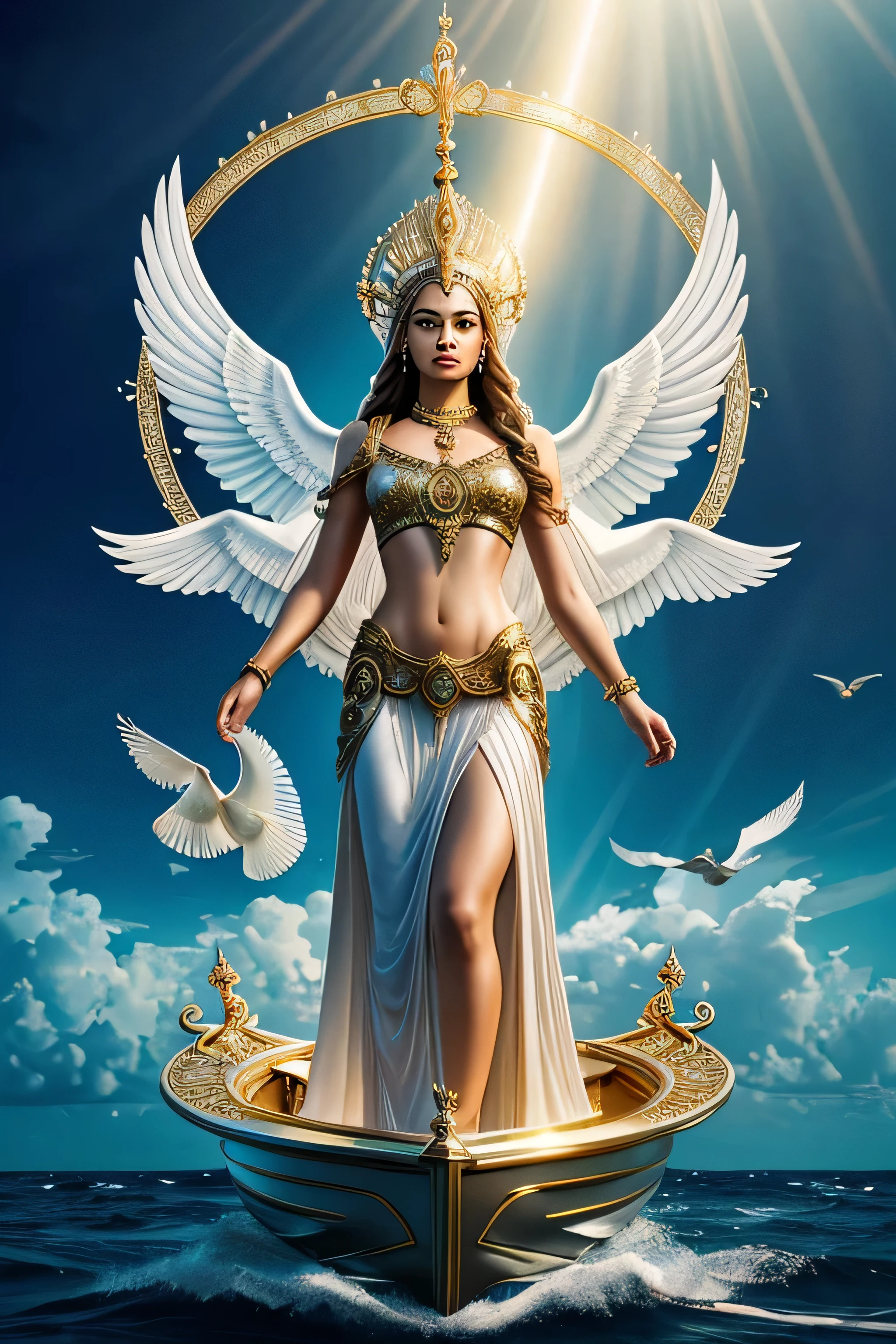 A mystical Atlantean woman stands poised in a futuristic boat made of diamonds, holding a long ornate staff crowned with a sacred dove. She emanates serenity and divine grace against a backdrop where storm clouds clash with beams of golden light. Additional doves soar around her, representing heavenly guidance amidst turmoil. The scene is rich in symbolism, capturing the essence of tranquility and divine intervention in times of chaos.