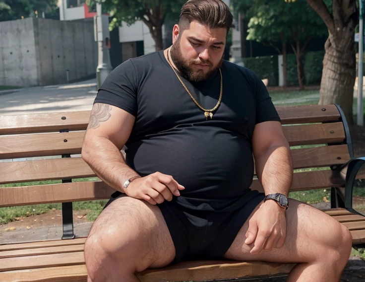 Fotografia de corpo inteiro fotografia de Corpo completo, ele usa uma máscara de anonymus v de vingança, He is sitting with his legs open and resting one arm on the park bench., He is a chubby man, with extremely thick thighs, a large belly, fat, 50 years old, bearded, with a huge beard, wearing an open, unbuttoned plaid t-shirt, usando apenas sunga branca meias pretas, gold chain neck rings, watch on wrist, pulseiras no pulso,((( fotografia de Corpo completo imagem de corpo inteiro, low side angles))). Detailed image dynamic image. He doesn't wear clothes.