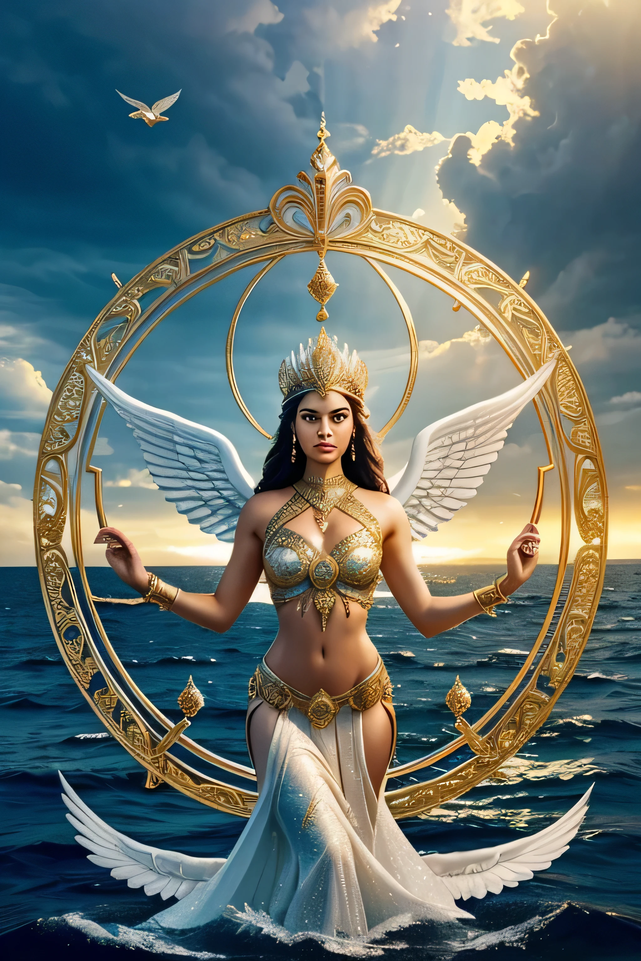 A mystical Atlantean woman stands poised in a futuristic boat made of diamonds, holding a long ornate staff crowned with a sacred dove. She emanates serenity and divine grace against a backdrop where storm clouds clash with beams of golden light. Additional doves soar around her, representing heavenly guidance amidst turmoil. The scene is rich in symbolism, capturing the essence of tranquility and divine intervention in times of chaos.