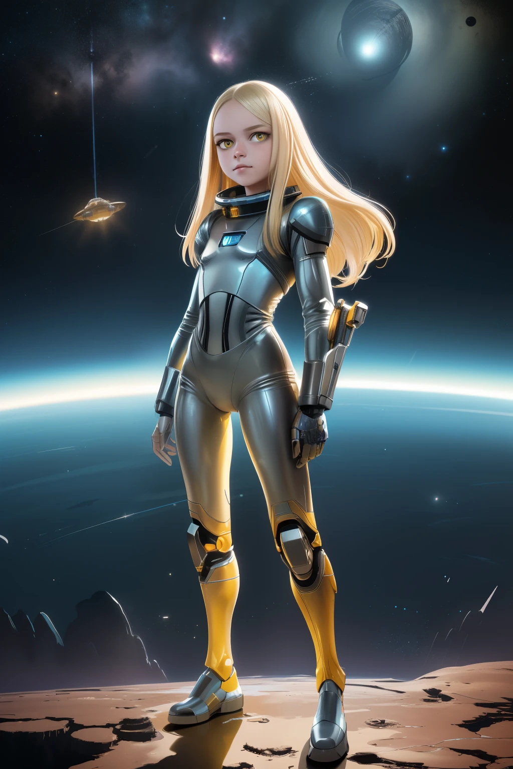 young girl, , blond hair, photorealistic, pale skin), (yellow (eyes:1.2)), (slim build:1.3), (fantasy space suit), beautiful face, symmetrical face, Greg Rutkowski, wlop and Sam Kuvshinov, (long hair), blond eyelashes, large iris, large pupil, full body, standing on the background of the cosmodrome, artstation, 8k, science fiction, pastel colors, props, panel, concept, futuristic, gribble, simon stalenhag, space, in outer space, a spaceship in the sky, technological blocks, futuristic world:1.5, rusty metal futuristic world, (simple oil painting in a style to Bill Sienkiewicz)