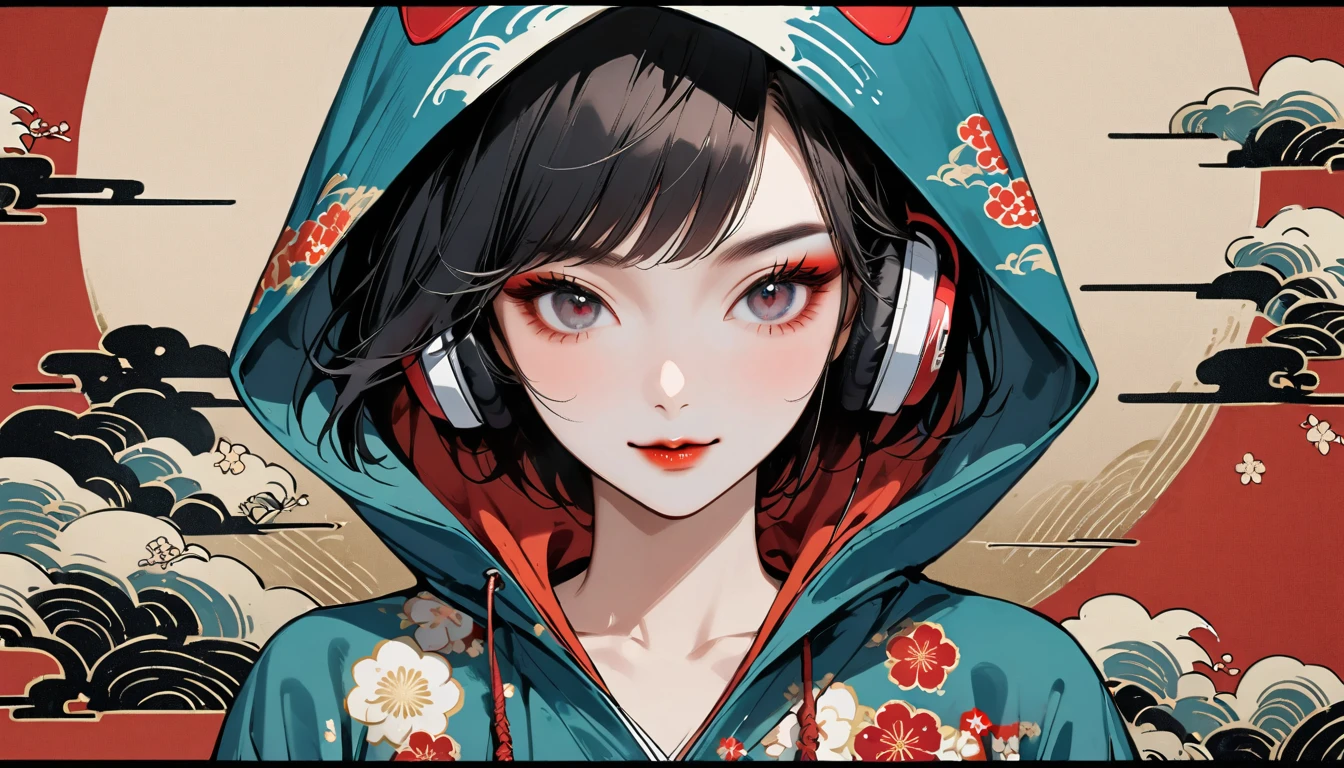 (((1 girl))), (((seiza))), (((front view))), (((Flashy makeup))), (((Japanese style headphones))), (((Japanese pattern hoodie))), (((Put on the hood))), smile, Japan人の美少女, Black Hair, Bob, Delicate and precise, Modern ukiyo-e style,Japan, Japanese flag, vivid color