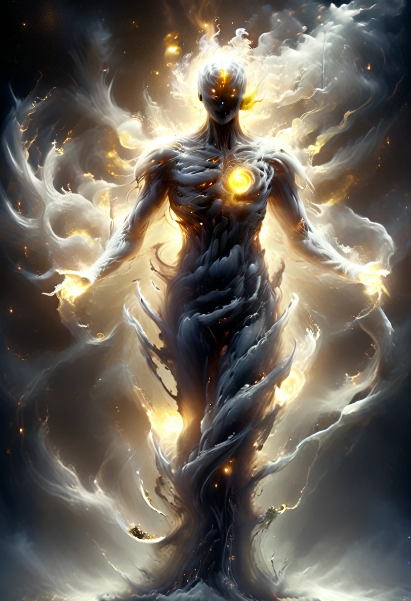 This creature appears as a body of translucent gray energy with small motes of light winking in and out of existence along its spherical form. It has a head, neck, chest, but it's body ends in a tapered whispy smoke, no legs or feet evident.