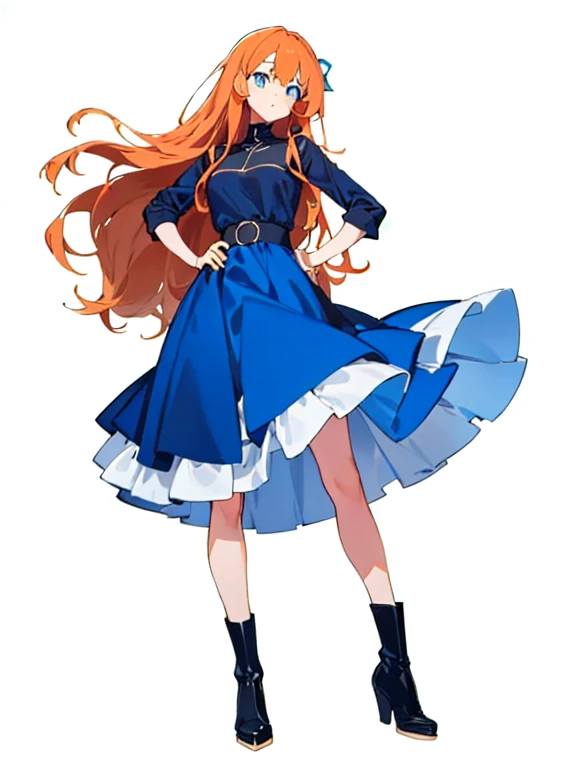 looking ahead, a girl with her long orange hair falling in soft waves to the middle of her back. Her delicate face has a straight nose and big blue eyes.. She wears a blue dress that highlights her slender figure., with a wide black belt that accentuates her waist. His posture is straight and serene, often with a hand on the hip. Her light skin and black boots complete her look., giving an elegant and mysterious impression.