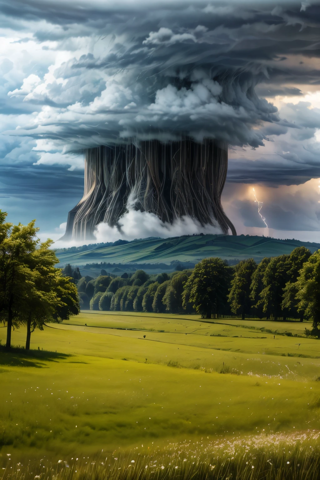 A summer storm, trees bent by the wind, leaves flying in the wind, storm clouds, lightning, meadow, row of trees, riverbank with hills in the distance, dark atmosphere, leaden sky, storm and wind.