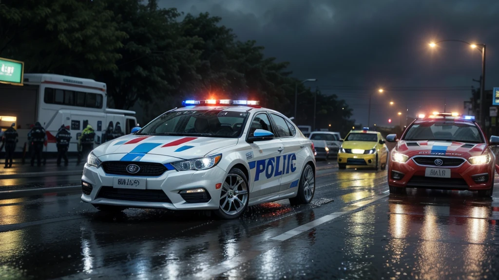 race scene with police chase on a busy avenue, lots of rain, carro branco tuning, very detailed image