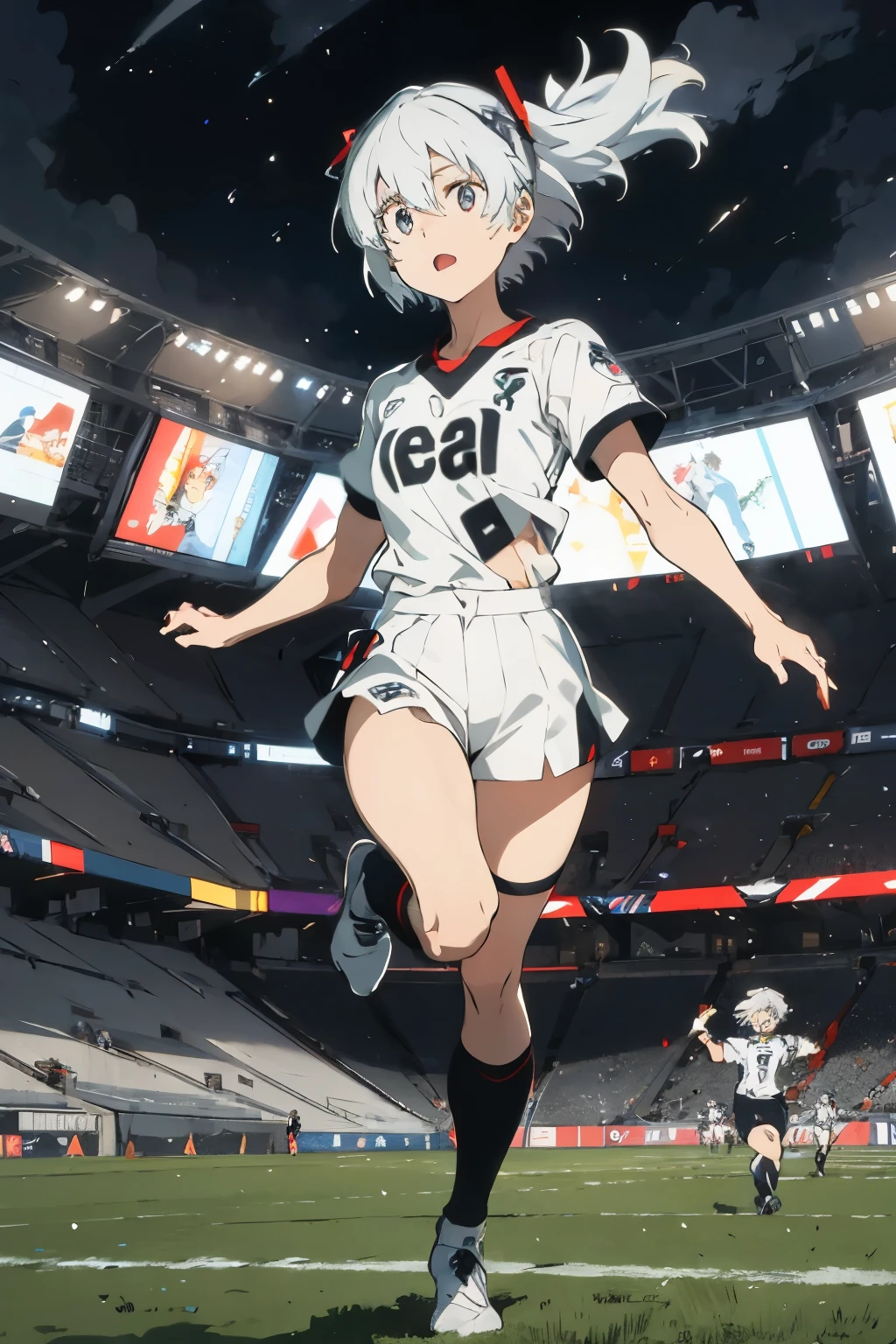 Rei Ayanami from Neon Genesis Evangelion, dressed in a black and white Juventus football uniform, is running on a football stadium field. The scene captures her mid-action, with a dynamic pose as she sprints, her expression focused and determined. The stadium is filled with vibrant energy, with fans cheering in the background and bright stadium lights illuminating the scene. The atmosphere is lively and full of motion, blending the iconic anime style with the realism of a football match. 