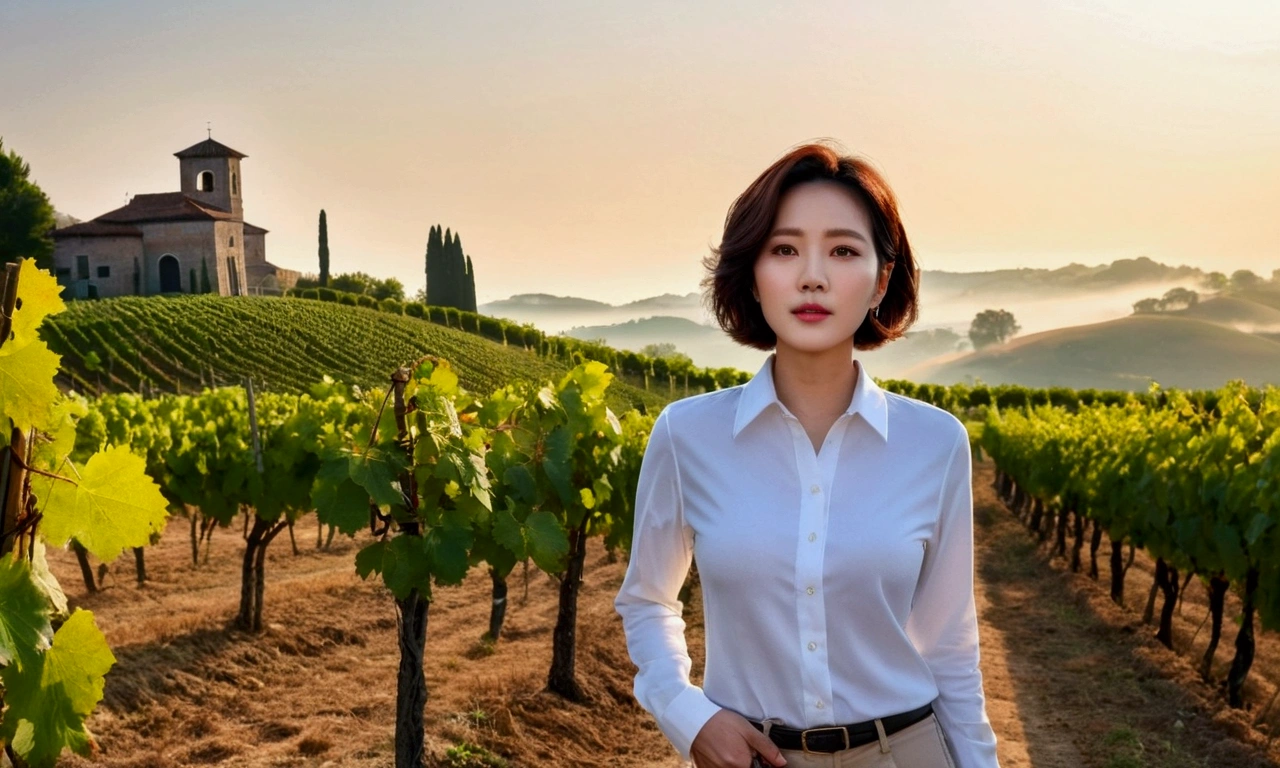 Wearing a luxury brand white long-sleeved shirt, 40 year old Korean woman with short medium hair, short and petite, very beautiful.!, Get inspired by Son Ye-jin, 8K vertical rendering, photo realistic beautiful face, big eyes,double eyelid, black eye, Wear a dark round neck t-shirt. beige jean pants. Warm light in vineyards at dawn in rural Italy, The morning sun shines beautifully. Standing on a curved path. (digital painting, HDR, high contrast),, (best quality:1.4, 8k 3D, 45,000,000,000,pixel,),(masterpiece:1.3),(sharp focus:1.2),(Full body shot with Canon camera 16-35 wide angle lens, 포도 밭이 내려다 보이는 언덕 위 Standing on a curved path, 32 inches, A woman of and short stature, A cathedral can be seen in the distance through thick fog., Vineyards with vivid image quality, three dimensional grape leaves