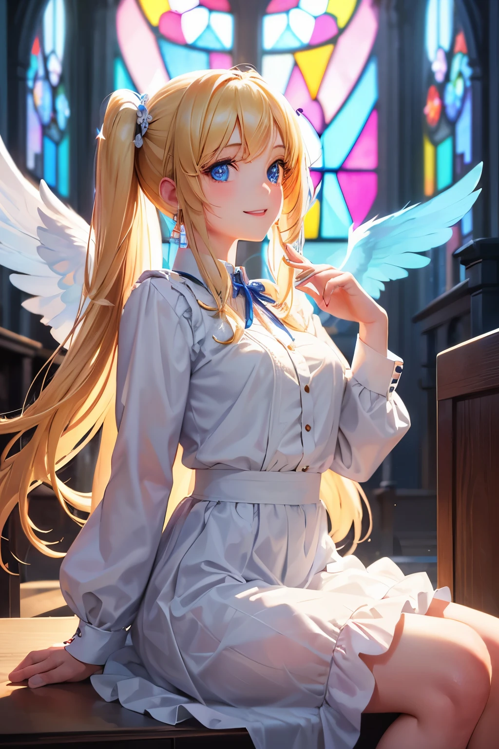 (((girl sitting))), ((( petitgirl with blonde twin tail ))), (((blue monk clothes))),(((dress))),(((Newaza ))),(((Angle from below))),(((Drenched in sweat))),(((Look up))),(((training))),(((Maid clothes))),(((prayer))),(((Big angel halo))),(((halo))),(((look up))),(((Blue Eyes))),(((church))),(((Off the shoulder))),(((Light gradient))),(((Stained glass))),(((Pray to God))),(((NSFW))),(((face of joy))),(((shout out loud))),(((Lying on someone's lap and looking up at the sky)))