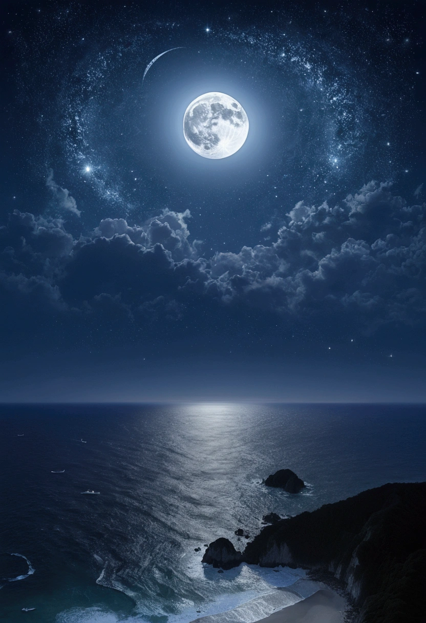 night、moon、Many Stars、Beautiful sky、Ocean、Ocean岸