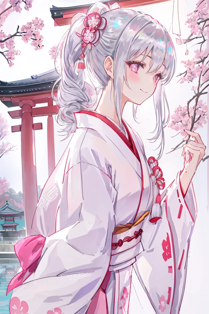 1 girl in、(silver medium Hair)、side ponytailed、pink eye、Looking at the camera、from side,delicate finger、beautiful ilumination、(adult),white kimono、miko costume、smile,laugh,((japanese temple background))、(High resolution of the highest quality)、((Masterpieces of the highest quality:1.2))sharp,sharp,