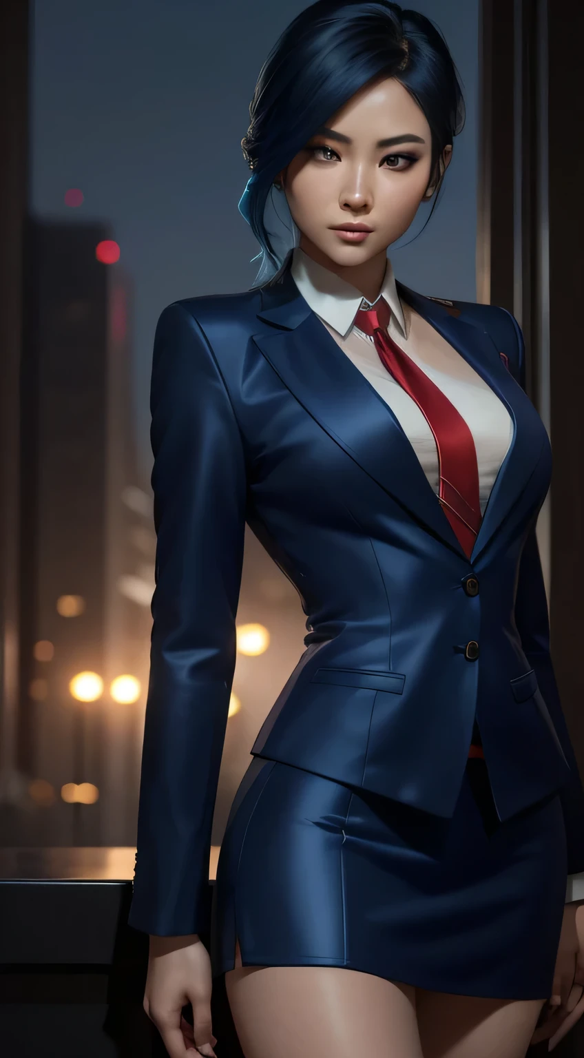 (A beautiful 25 years old Asian Hitwoman), (blue hair), (pale skin), (serious face), skirt suit, (((three-piece suit))), (((dress shirt))), (((necktie))), blazer, (((red suit jacket))), black shiny lapel (((waistcoat))), double-breasted waistcoat, (((bodycon miniskirt))), pencil skirt, tights, pantyhose, white gloves, (city at night background), view from front, waist up shot, dynamic pose, ambient lighting, photo realism, intricate face detail, intricate hand details, highly detailed, vibrant colors, cinematic, high definition, trending on Artstation--style raw,