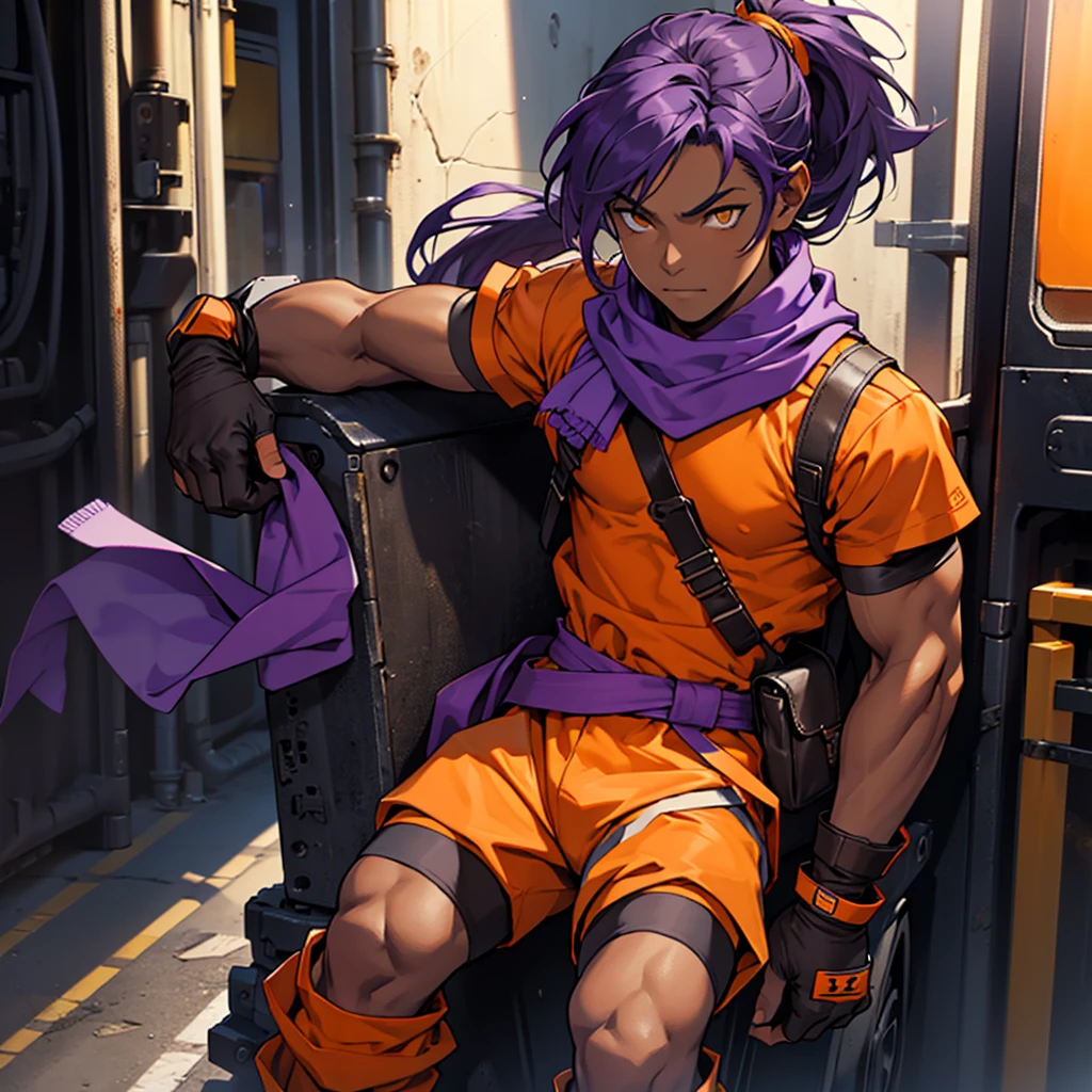 Orange shirt, one boy, Alone, Dark skinned male, Dark skinned, Long ponytail hair, Parted bangs, Purple hair, Yellow eyes, Waist accessory, Scarf, Gloves, ((leg warmers)), White straps,