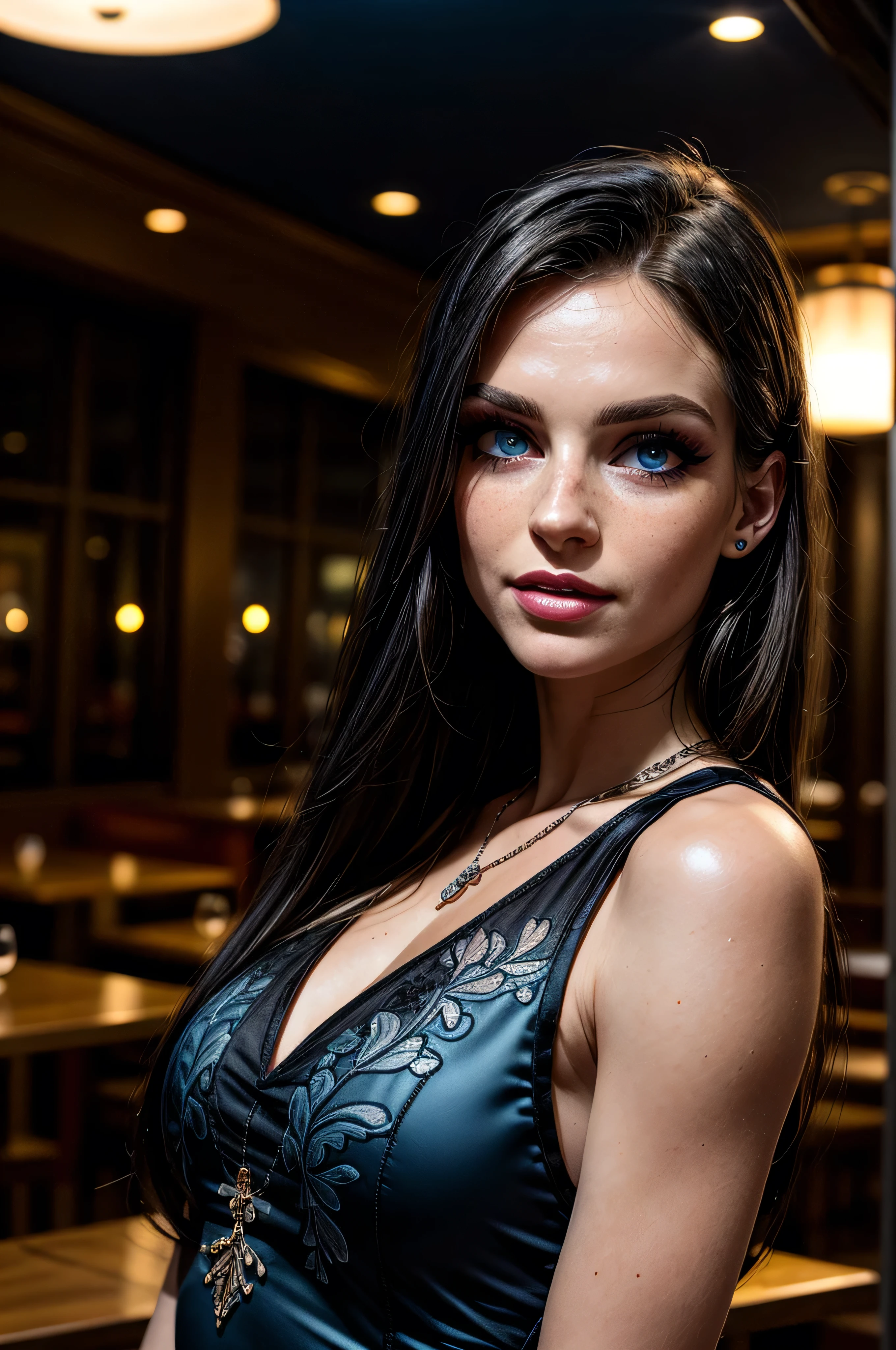 (masterpiece, photorealistic:1.4, extremely intricate:1.3), (photon mapping, radiosity, physically based rendering, ultra resolution, hyper-realistic, photorealistic:1.4, hyper-realistic, 8K), ((((closeup breasts portrait, [supermodel:athlete:0.2], (wide eyes, long lashes)), long straight ([glossblack hair:blonde hair:0.7], [makeup:freckles:0.8])), necklace), blue eyes), smile. laugh, BREAK, (((indoor, restaurant, party, night, dark, shadows, (red platinum chinoiserie elegant:1.3 dress))))
