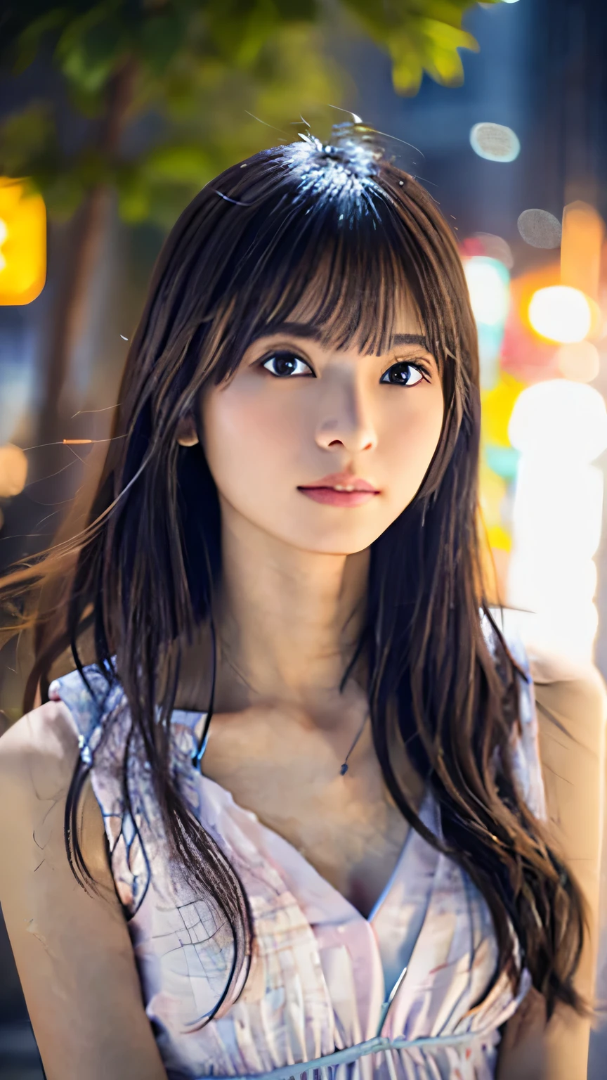 Highest quality,4K,8k,High resolution,masterpiece:1.2,Very detailed,Realistic:1.37,Portraiture,Soft colors,Gentle light,A girl exuding fatigue,Long flowing hair,Delicate features,Deeply contemplative eyes,White skin,Happy expression,Soft pastel colors,Great atmosphere,Sleeveless dress,Subtle brushwork,Dreamlike composition,Gazing into the distance,,Romantic atmosphere、Roppongi nightlife、,Calm colors,Soft Shadows、