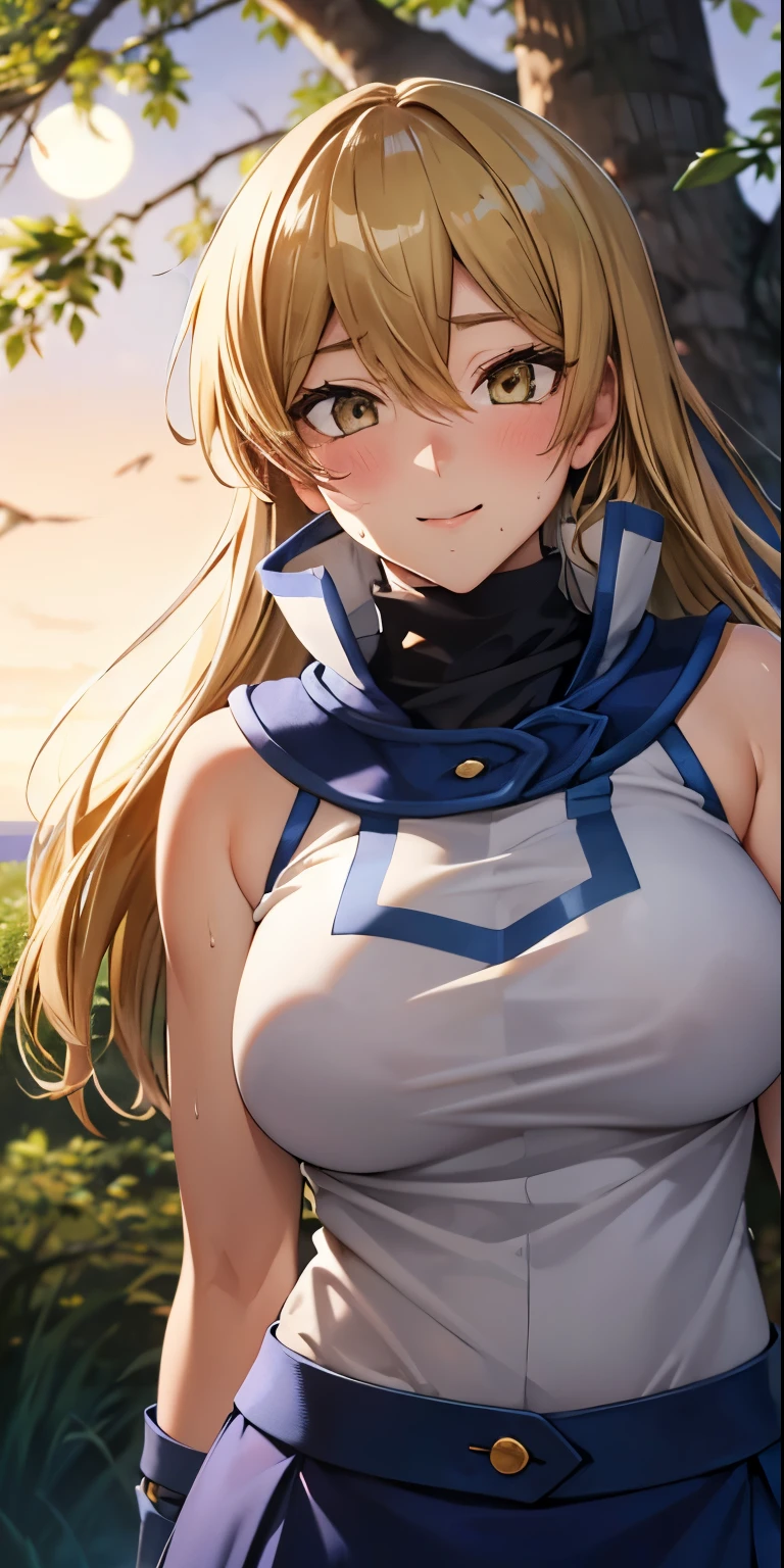 1 Female,High definition,high resolution,Ultra-realistic,8K, 8K, ta1,blonde hair,long hair,yellow eyes, white jacket, sleeveless, blue skirt,tight skirt , miniskirt,fingerless gloves,European,sexy,Upper body close-up,Photographed from the front,Dynamic Angles,(blush), big tits , happy, wink the eye,facial, sweat,multicolored hair , outdoors, moonlight, night ,leaf , windy,tree background 