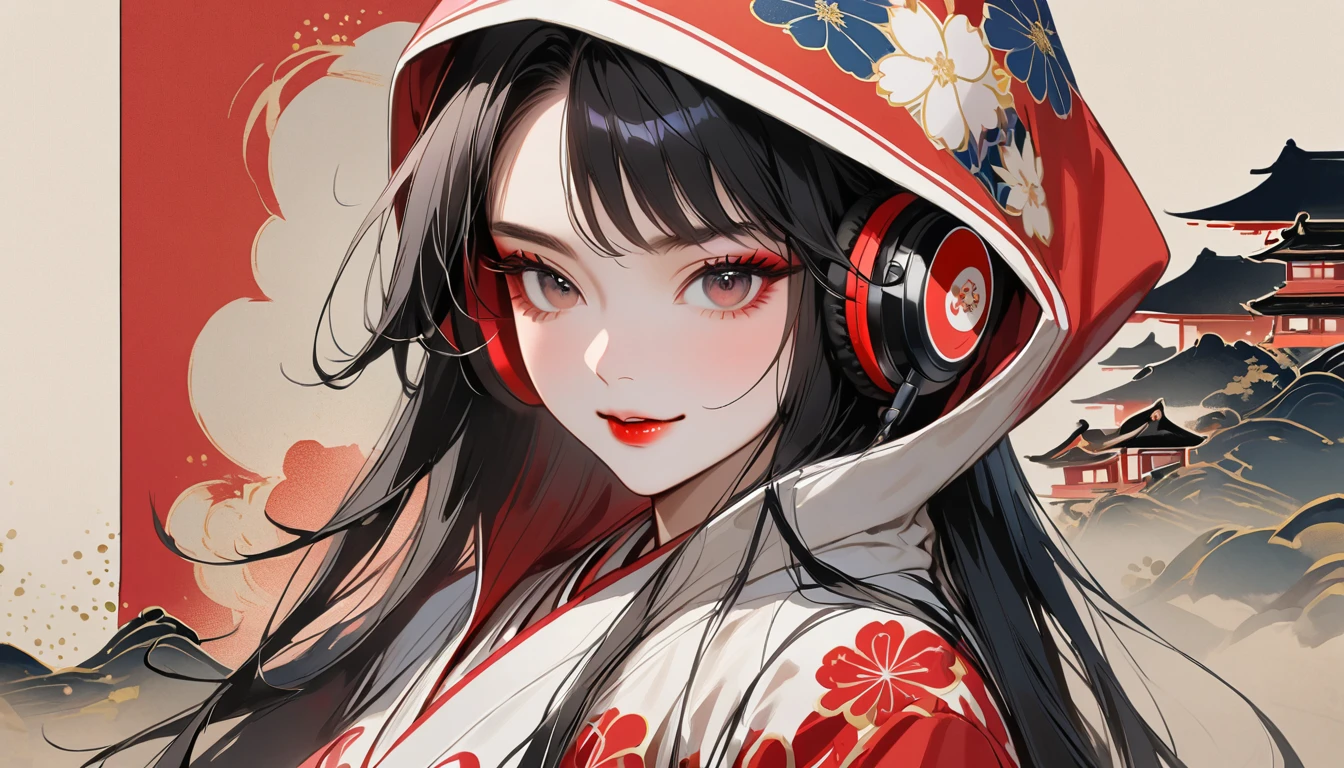 (((1 girl))), (((seiza))), (((Japan刀))), (((Flashy makeup))), (((Japanese style headphones))), (((Japanese pattern hoodie))), (((Put on the hood))), smile, Japan人の美少女, Black Hair, Delicate and precise, Modern ukiyo-e style,Japan, Japanese flag, vivid color