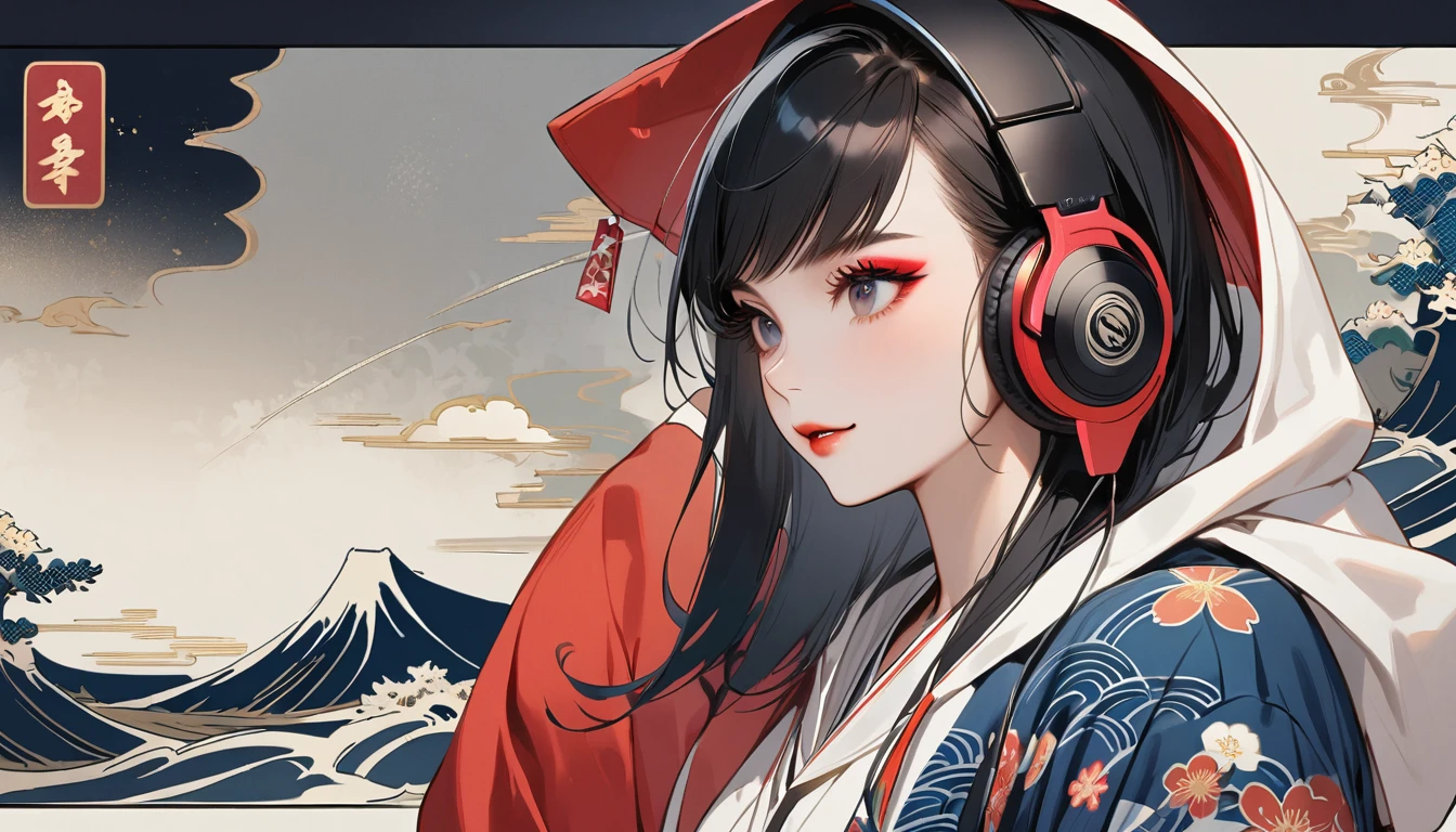 (((1 girl))), (((seiza))), (((Japan刀))), (((Flashy makeup))), (((Japanese style headphones))), (((Japanese pattern hoodie))), (((Put on the hood))), smile, Japan人の美少女, Black Hair, Delicate and precise, Modern ukiyo-e style,Japan, Japanese flag, vivid color