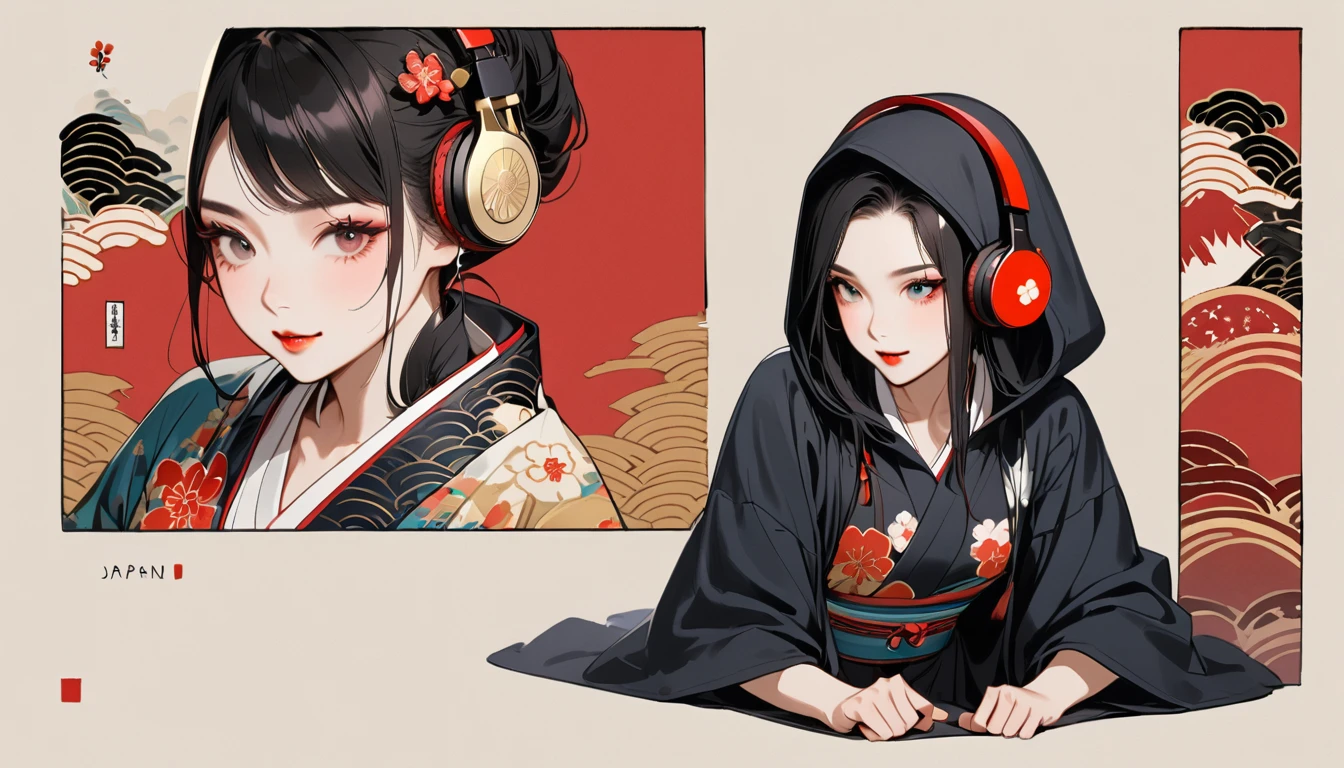 (((1 girl))), (((seiza))), (((Japan刀))), (((Flashy makeup))), (((Japanese style headphones))), (((Japanese pattern hoodie))), (((Put on the hood))), smile, Japan人の美少女, Black Hair, Delicate and precise, Modern ukiyo-e style,Japan, Japanese flag, vivid color