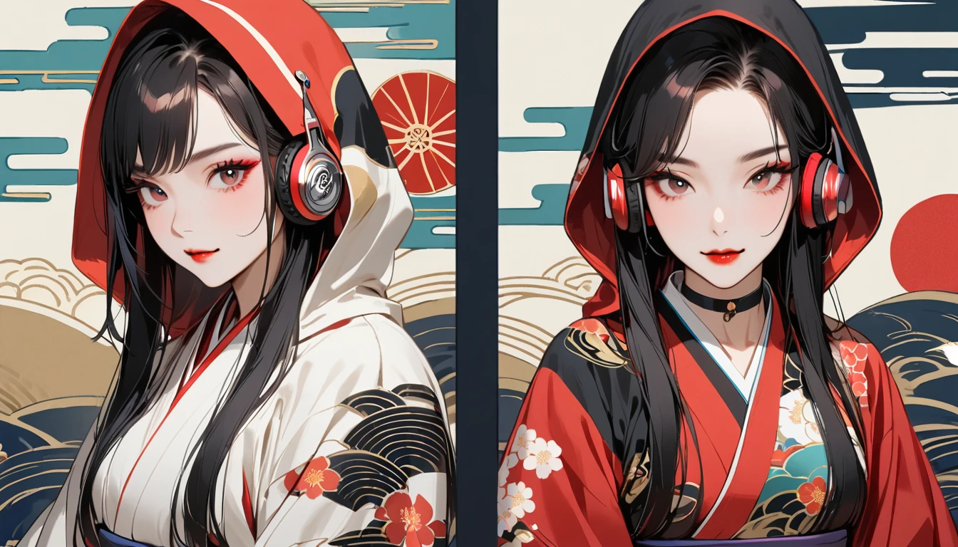 (((1 girl))), (((seiza))), (((Japan刀))), (((Flashy makeup))), (((Japanese style headphones))), (((Japanese pattern hoodie))), (((Put on the hood))), smile, Japan人の美少女, Black Hair, Delicate and precise, Modern ukiyo-e style,Japan, Japanese flag, vivid color