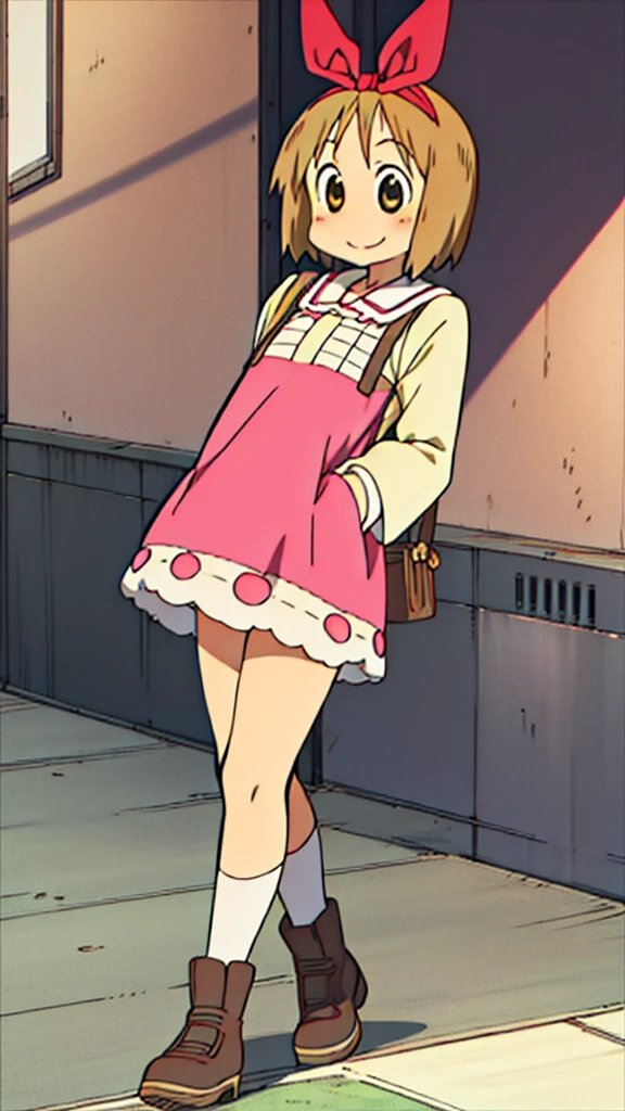 Haruna Annaka, rubio, short hair, big red headband, yellow eyes, beautiful drawing, detailed background, Whole body, smile, big chest, gluteus maximus, backwards