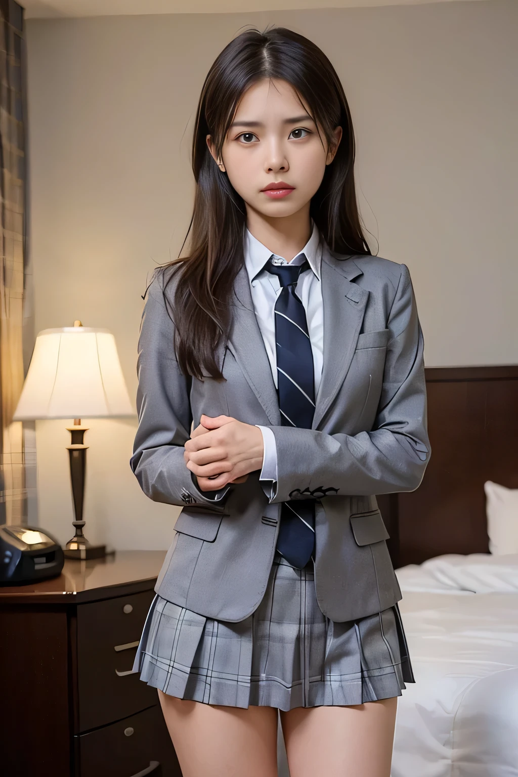 ((masterpiece:1.4))、((The pieces fly:1.4))、((A woman with long light brown hair:1.4))、((Cowboy Shot:1.4))、((Front shot:1.4))、((She is standing in a hotel bedroom wearing a short, pleated skirt with a grey check pattern that accentuates her thighs.:1.7))、((High school girl uniform necktie:1.4))、Very sexy outfit, ((Wearing a strict dark blue blazer suit:1.4))、High School Girl Blazer Uniform、Sexy look,((Woman with sad expression:1.4))、