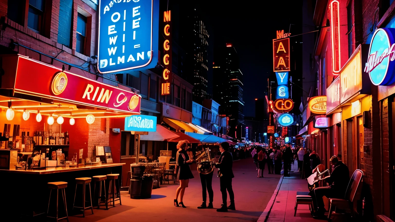 a woman and a man playing bass, drumkit, Piano, harmonica, sax and guitar in front of a bar on a busy street in Chicago with a neon sign in lofi cyberpunk style