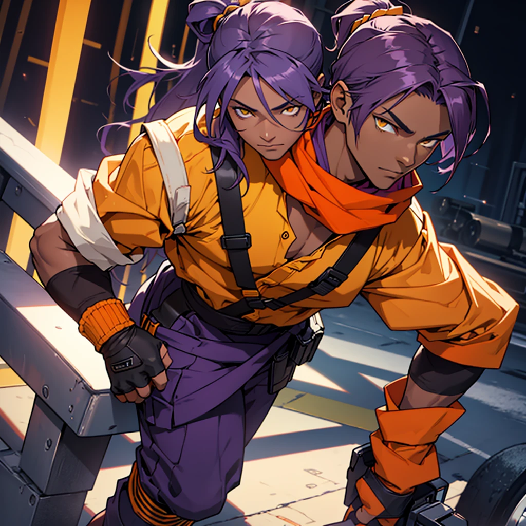 Orange shirt, one boy, Alone, Dark skinned male, Dark skinned, Long ponytail hair, Parted bangs, Purple hair, Yellow eyes, Waist accessory, Scarf, Gloves, ((leg warmers)), White straps,