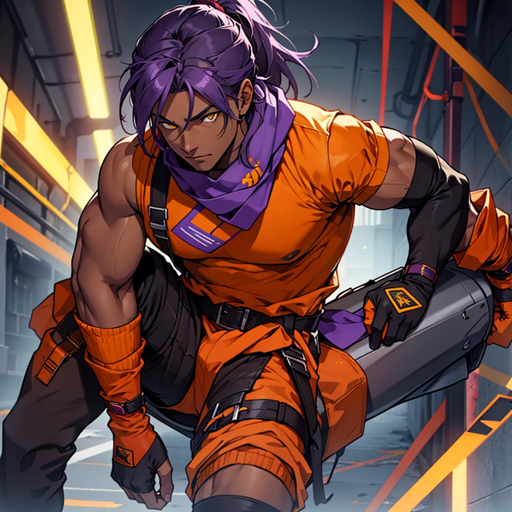 Orange shirt, one boy, Alone, Dark skinned male, Dark skinned, Long ponytail hair, Parted bangs, Purple hair, Yellow eyes, Waist accessory, Scarf, Gloves, ((leg warmers)), White straps,