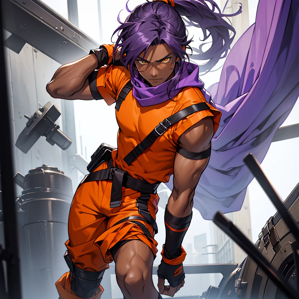 Orange shirt, one boy, Alone, Dark skinned male, Dark skinned, Long ponytail hair, Parted bangs, Purple hair, Yellow eyes, Waist accessory, Scarf, Gloves, ((leg warmers)), White straps,