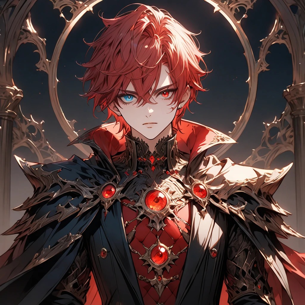 male face, red hair, heterochromia, green and red eyes, extremely detailed eyes, perfect eyes, extremely detailed face, black overcoat, cape, RPG style, broad shoulders, upright posture, facing the image, no light in the image, (blue character background,) ((character with full rendering focus and details) 8k, ultra-high quality, extremely detailed, perfectly detailed.