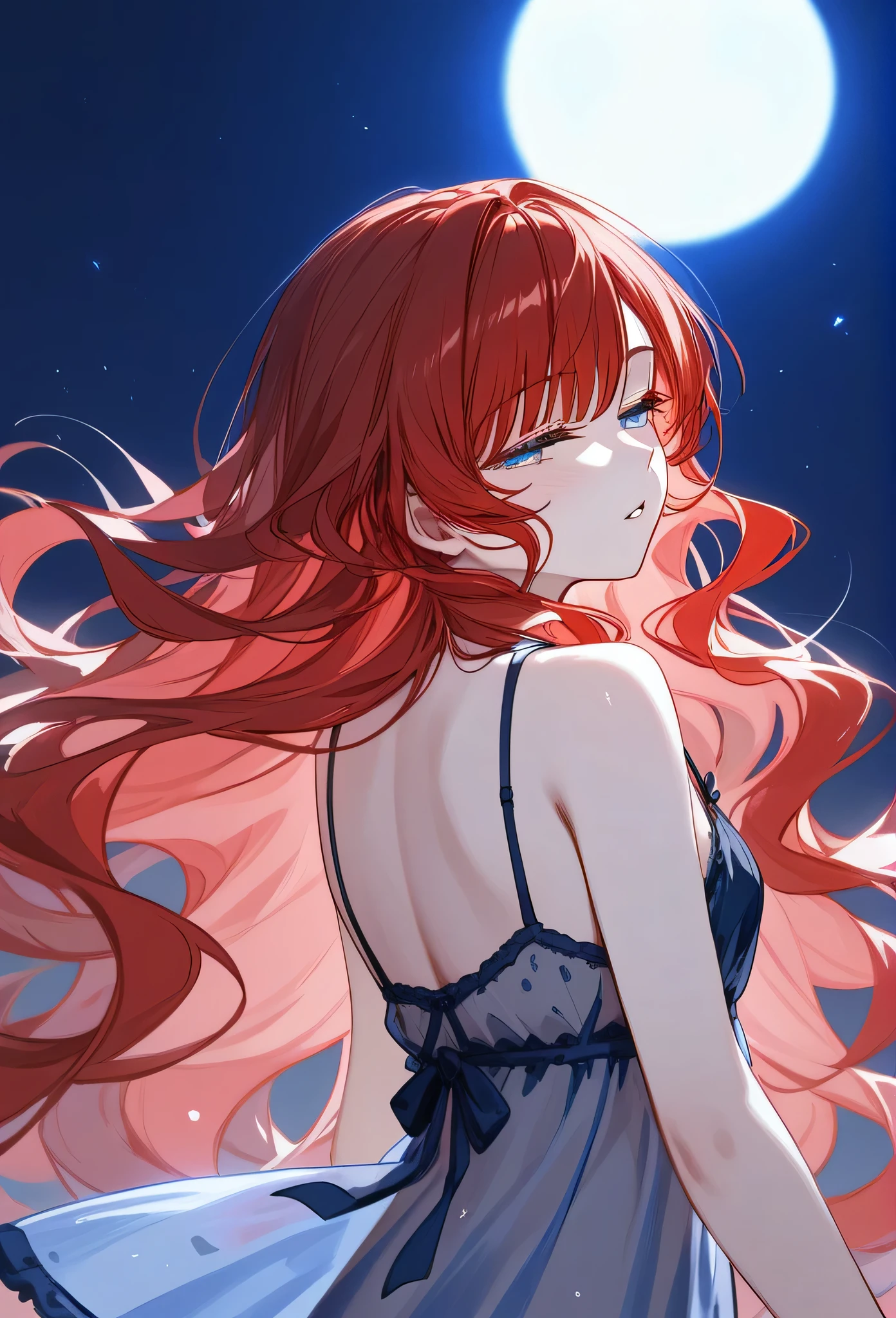 masterpiece, check_9, check_8_up, check_7_up, back view, 1 woman, One, Red hair, long straight hair, blue, slanted half-closed eyes, parted lips, inexpressive, pale skin, upper body,  upper body
 Long open bangs, с рOneкой под ртом,without bangs, layeRed hair, Wavy hair, (bangs on the side), night, nightgown 