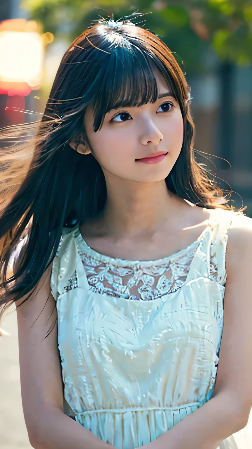 Highest quality,4K,8k,High resolution,masterpiece:1.2,Very detailed,Realistic:1.37,Portraiture,Soft colors,Gentle light,A girl exuding fatigue,Long flowing hair,Delicate features,Deeply contemplative eyes,White skin,Happy expression,Soft pastel colors,Great atmosphere,Sleeveless dress,Subtle brushwork,Dreamlike composition,Gazing into the distance,,Romantic atmosphere、Roppongi nightlife、,Calm colors,Soft Shadows、