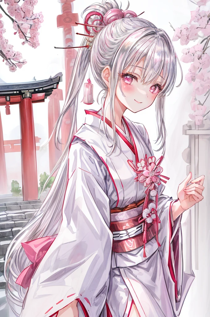 1 girl in、(silver medium Hair)、side ponytailed、pink eye、Looking at the camera、from side,delicate finger、beautiful ilumination、(),white kimono、miko costume、smile,laugh,((japanese temple background))、(High resolution of the highest quality)、((Masterpieces of the highest quality:1.2))sharp,sharp,