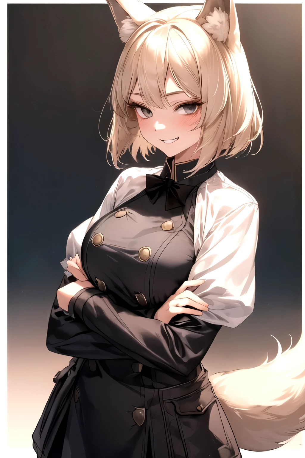 1girl, matured female, bow, best quality, detailed face, blonde hair, short hair, black eyes, long lashes. Military clothes, fluffy wolf tail, wolf ears on head, smiling, wolf girl, wagging tail, arms crossed over chest, happy, army girl. 