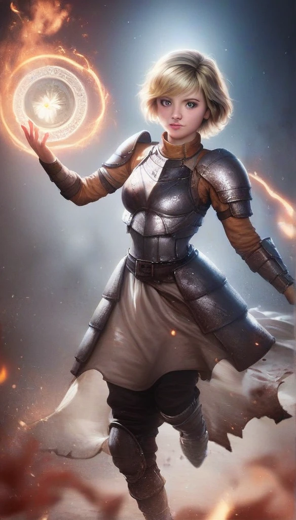 1girl, Heather Mason (silent hill 3), blonde hair, short hair, full dark armor, ArmoredDress, armor plates, magic,particles,light,flame,lighting, ((high resolution, masterpiece, highres, photorealistic, cute face, perfect ilumination)), full body shot